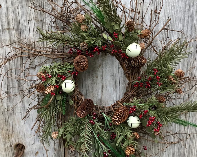 Twig Wreath With Pine Stems, Red Berries and Cream Jingle Bells ...