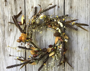 Fall Candle Ring with Acorns, Pine Cones Fall Foliage