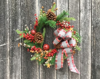 Christmas Wreath with Large Pine Cones, Large Red Jingle Bells, Large and Small Rusty Stars, Red and Cream Berries