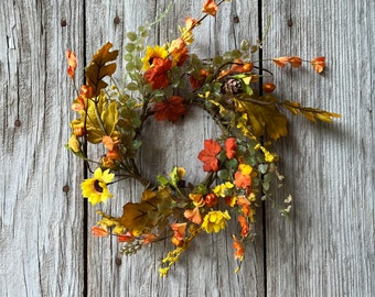Fall Candle Wreath with Pinecones, Sunflowers and Fall Foliage,  Fall Harvest Mini Wreath, Autumn Wreath, Fall Centerpiece, Fall Decor