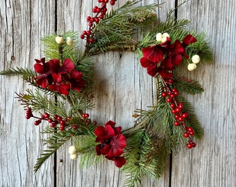 Christmas Candle Wreath with Red Hydrangeas, White Berries and Pine Stems