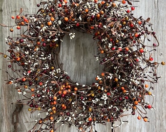 Country Wreath with Burgundy, Cream and Rose Hip Berries, Pip Berry Wreath, Rustic Wreath, Shabby Chic Decor, Country Decor