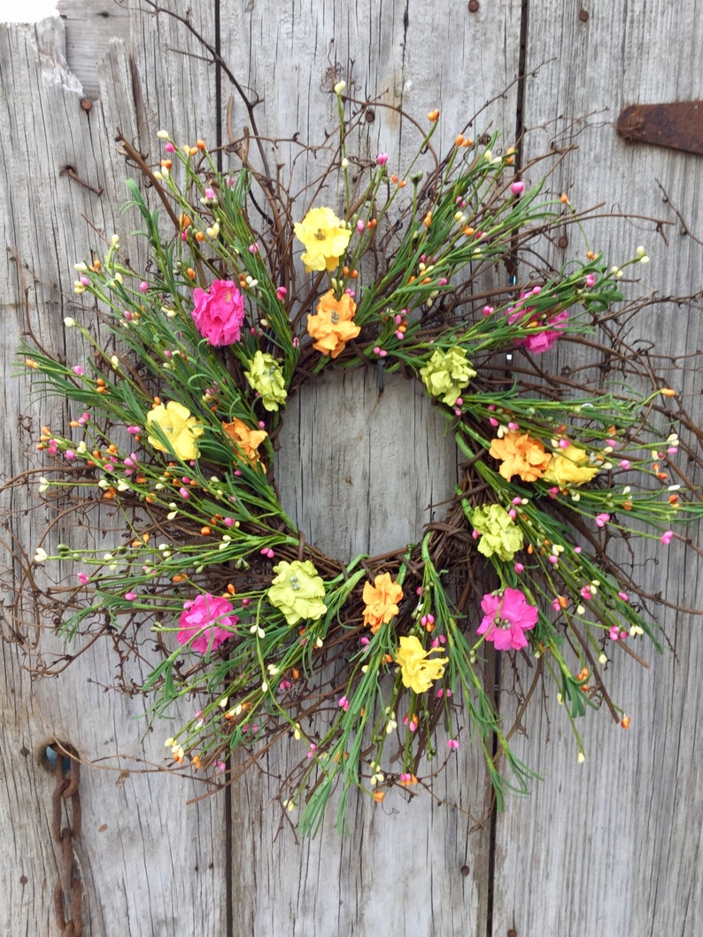 Summer Wreath Farmhouse Wreath Free Ship Rustic Wreath Pip Berry Wreath Spring Wreath Twig Wreath with Summer Flowers and Pip Berries
