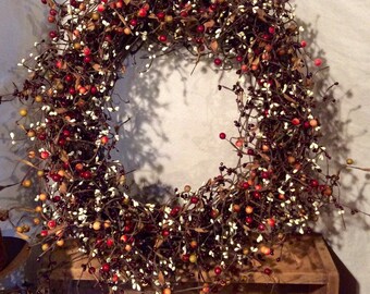 Shabby Chic Wreath with Burgundy, Cream and Rose Hip Berries
