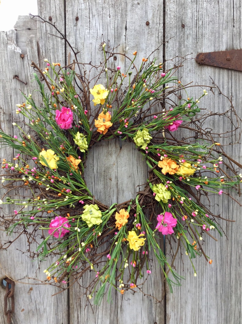 Summer Wreath Farmhouse Wreath Free Ship Rustic Wreath Pip Berry Wreath Spring Wreath Twig Wreath with Summer Flowers and Pip Berries