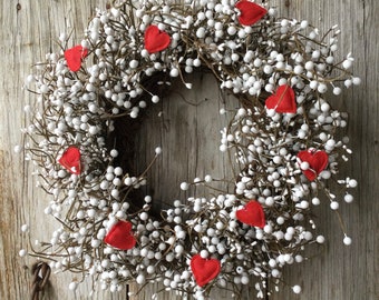 Valentines Wreath with White Pip  Berries and Red Felt Hearts