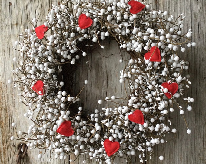 Featured listing image: Valentines Wreath with White Pip  Berries and Red Felt Hearts