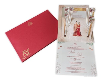Set of 50 Caricature pullout Custom wedding invitation card | Floral and Velvet finish custom luxury invitation EACD-26