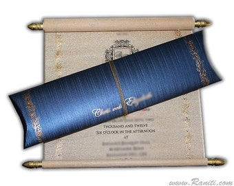 Pack of 50 Custom Royal Scroll invitations in blue and gold EAMSC-14 pack of scrolls with envelope