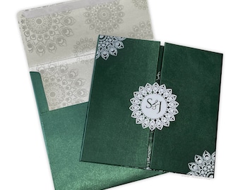 Set of 50 Unique Luxury Invitation Green Satin heavy back with White acrylic custom monogram EACDH-19