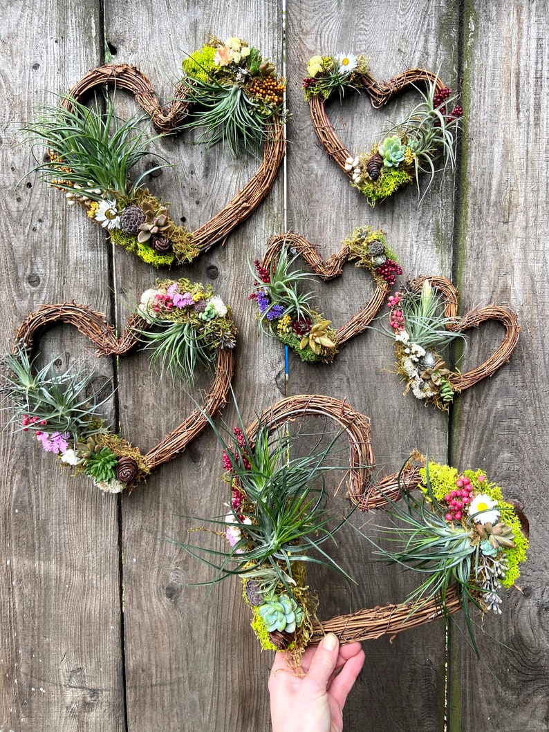 May include: Five heart-shaped wreaths made of twigs, each decorated with air plants, moss, and small flowers. The wreaths are arranged on a wooden background.