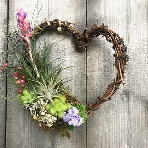 May include: A heart-shaped wreath made of brown twigs is decorated with a variety of green succulents, purple flowers, and pink and green air plants.