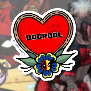 May include: A red heart-shaped sticker with a brown outline and a white flower with a black and red Deadpool face in the center. The heart has the text "DOGPOOL" in black letters and the text "@PROJECTLUNAROCK" in white letters.