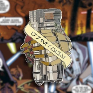 May include: A detailed metal pin featuring a stylized structure with a banner. The pin has a silver, tan, and red color scheme. The banner across the pin has text on it. The background is a comic book panel.