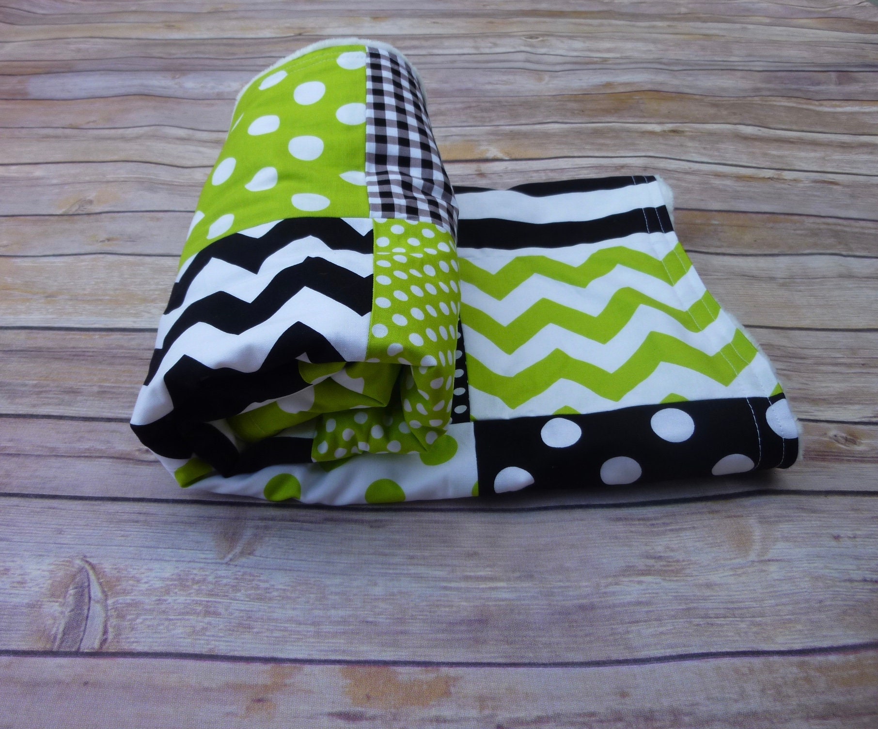 Lime Green and Black Patchwork Baby Blanket Minky Blanket Etsy