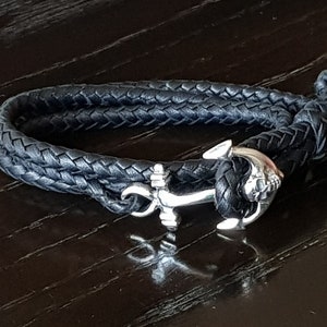 Mens woven leather bracelet 8 strips with .925 Sterling Silver Skull Anchor Handmade.