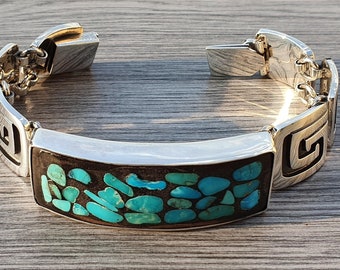 Men .925 Sterling Silver Mayan style handcarved Ebony turquoise inlays plate bracelet handmade.