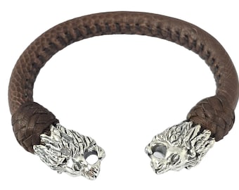 Herrenarmband aus braunem Leder mit Löwenkopf, handgefertigt aus 925er Sterlingsilber, Kupferkern, mexikanischer Schmuck