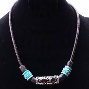 Ethnic-Inspired Statement Necklace, Genuine Leather, Silver, Red Garnet, Turquoise