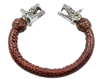 Men’s 925 Sterling Silver Quetzalcoatl Bracelet – Lizard Leather Cuff, Handmade Mexican Aztec Jewelry, Adjustable Serpent Bracelet