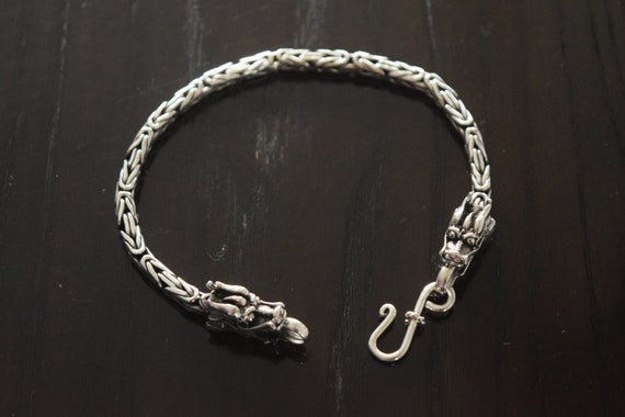 Men 9.25 Sterling Silver Heavy Bali Dragons Bracelet