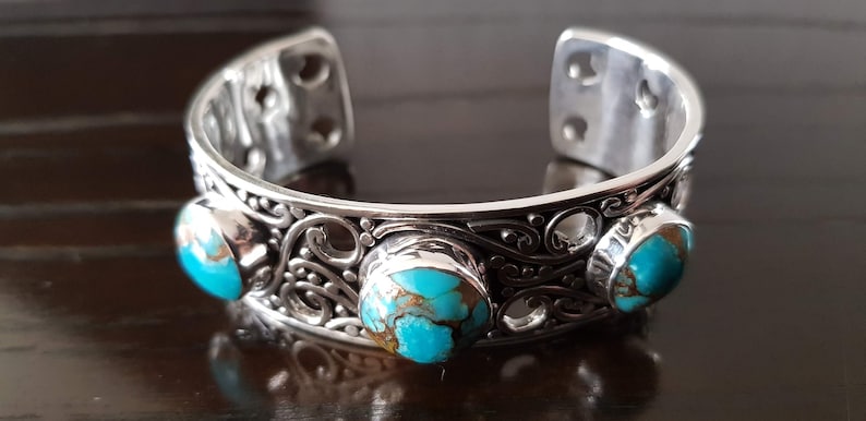 Unisex Natural Turquoise cabs set in 950 Sterling Silver cuff Bracelet Handmade.