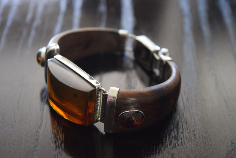 Fine Caribbean Wooden bracelet with big Natural Yellow amber Cab and little red amber cabs set in .925 Sterling Silver handmade.