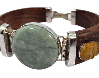 Handgefertigtes Holzarmband mit Jade, Bernstein und 925er Sterlingsilber