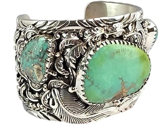 Handmade Navajo Sterling Silver Cuff Bracelet with Natural Turquoise | Heavy Native American Style Jewelry | Artisan Mexican Silver