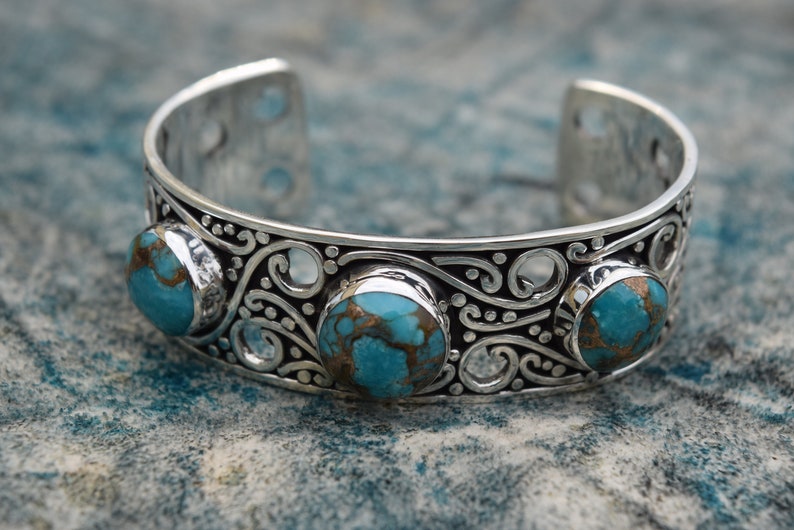 Unisex Natural Turquoise cabs set in 950 Sterling Silver cuff Bracelet Handmade.