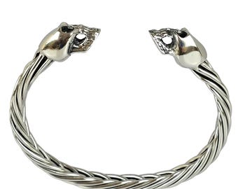925 Sterling Silver Skull Bracelet for Men – Handmade Braided Cuff, Gothic Biker Jewelry, Heavy Silver Skull Gift