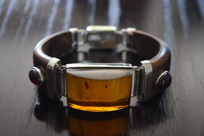 Fine Caribbean Wooden bracelet with big Natural Yellow amber Cab and little red amber cabs set in .925 Sterling Silver handmade.