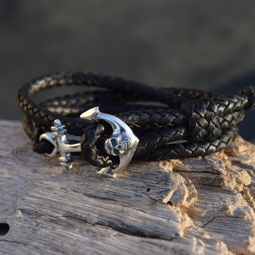 Mens woven leather bracelet 8 strips with .925 Sterling Silver Skull shops Anchor Handmade.