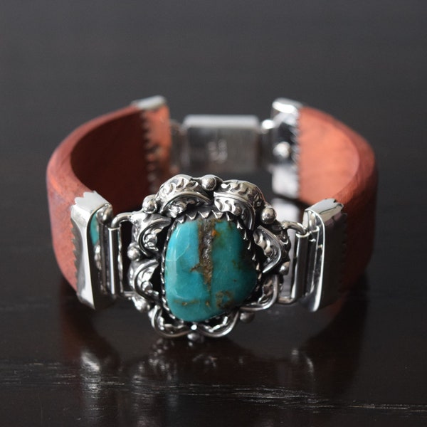 Fine Caribbean Wooden bracelet with big Arizona Turquoise set in .925 Sterling Silver Navajo handmade.