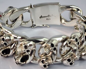 ブレスレット WILLIE and DUFFY Skull chain bracelet silver 925 handmade Sterling Silver Skull Links Bracelet - Silver 925 Cuban