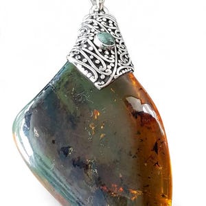 Natural Amber Pendant with Jade Cabochon, Ornate Silver Setting, Handmade Mexican Jewelry