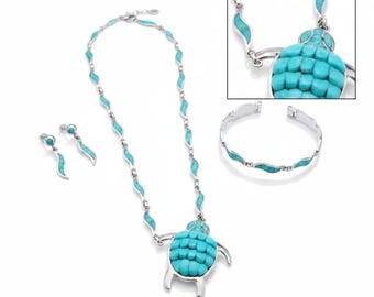 Schmuckset aus Sterlingsilber (950) und australischem Opal, Motiv: Schildkröte aus der präkolumbischen Zeit