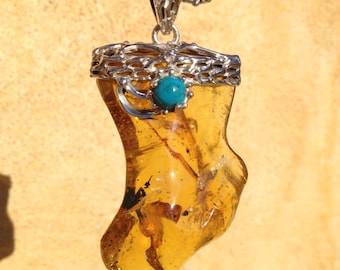 Natural Yellow Mexican Amber Pendant with Fossil tree leaves and insects set in .925 Sterling Silver with 2 Turquoises Handmade.