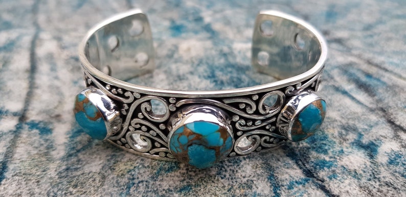 Unisex Natural Turquoise cabs set in 950 Sterling Silver cuff Bracelet Handmade.