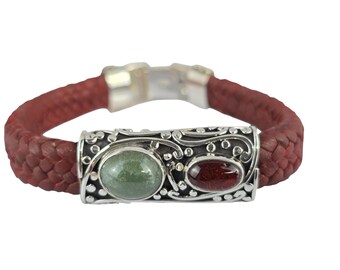 Unisex-Armband aus gewebtem Leder mit 12 Streifen und 950er Sterlingsilber, Jade und rotem Bernstein, handgefertigt