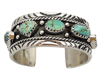 Unisex Navajo Style .925 Sterling Silver Bracelet Decorated with Turquoise and Polished Caps