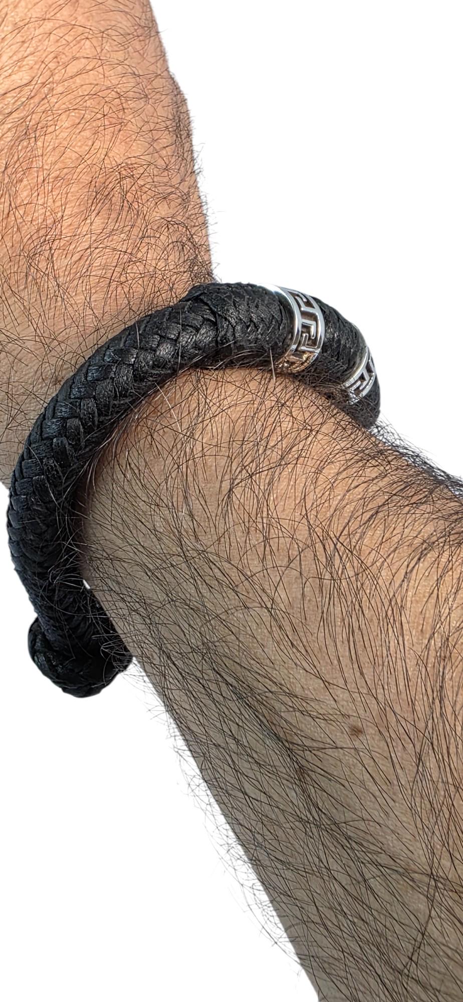 925スターリングシルバーのグレカを使用した編み込みレザー