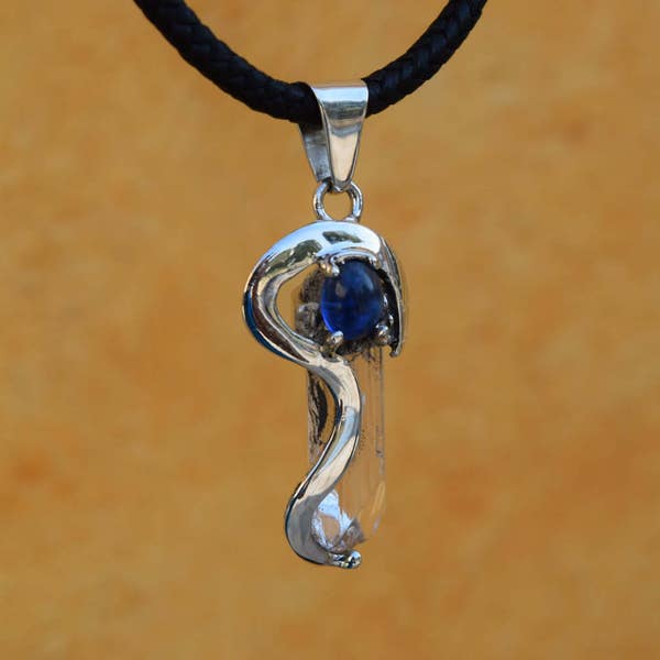 Natural Quartz set in .925 Sterling Silver Pendant adorned with blue stone Handmade.