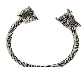 925 Sterling Silver Mayan Jaguar & Eagle Warrior Cuff Bracelet, Red Zirconia Eyes, Handmade Men’s Jewelry