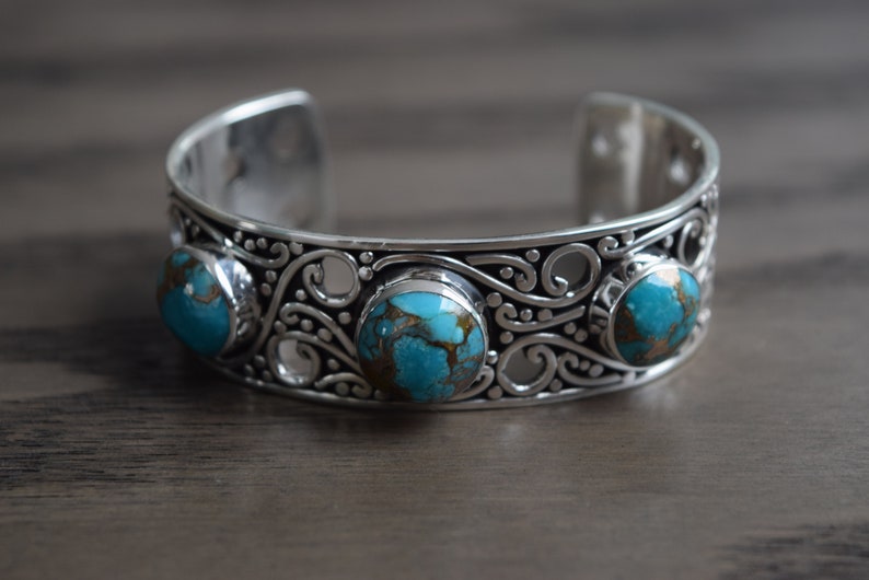 Unisex Natural Turquoise cabs set in 950 Sterling Silver cuff Bracelet Handmade.