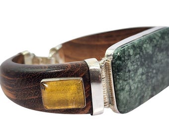 Armband aus Jade und Bernsteinholz mit 925er Sterlingsilber, 18,5 cm, handgefertigt in Mexiko
