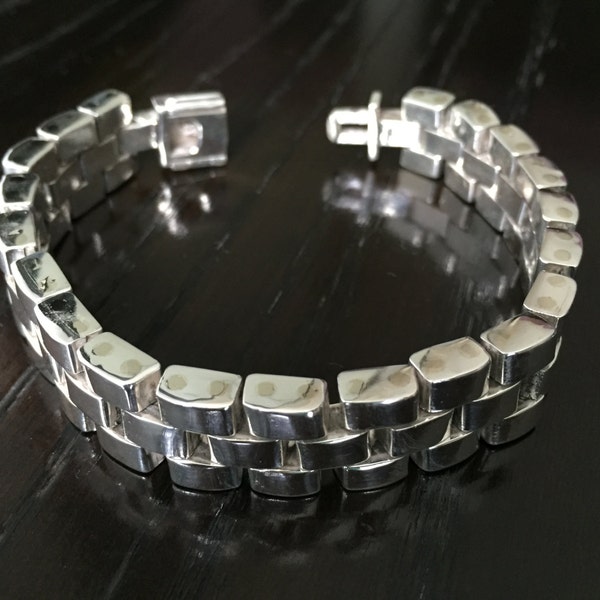 Mens .925 Sterling Silver Thick and Heavy Rolex Inspired chain link bracelet handmade.