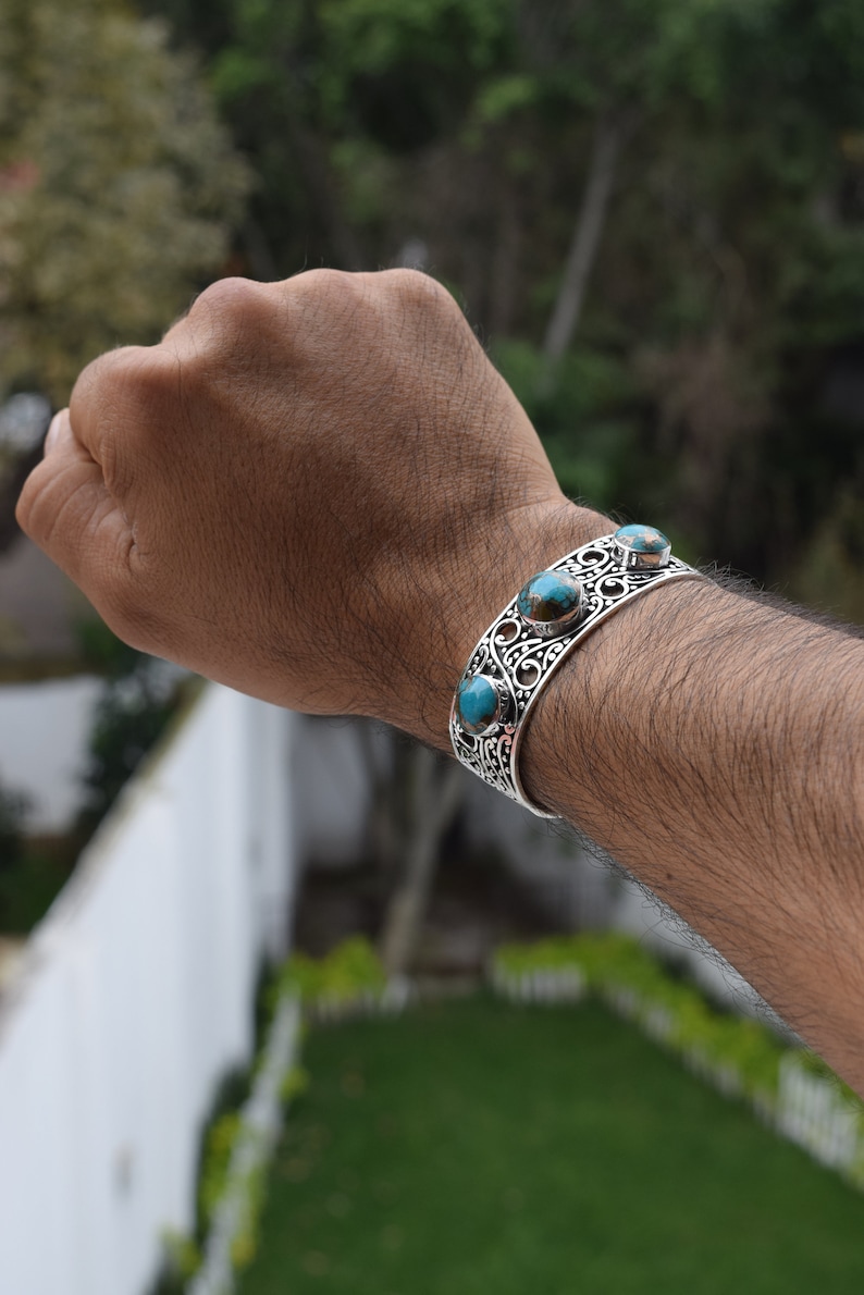 Unisex Natural Turquoise cabs set in 950 Sterling Silver cuff Bracelet Handmade.