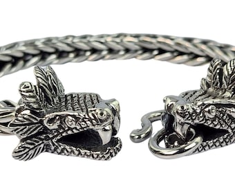 Quetzalcoatl-Armband aus Sterlingsilber für Herren, handgefertigte Bali-Weizenkette, Quetzalcoatl-Kopf-Armband, schwerer 925er Silberschmuck