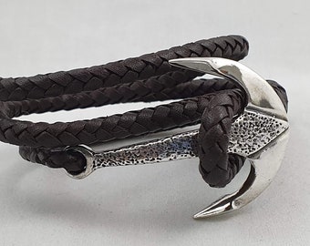 Mens Woven Leather Bracelet 8 Strips With .925 Sterling Silver Anchor ...